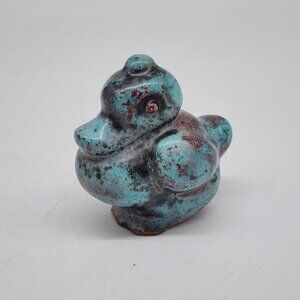 Vintage Handcrafted Ceramic Duck Figurine Turquoise & Red Distressed Finish 2.25